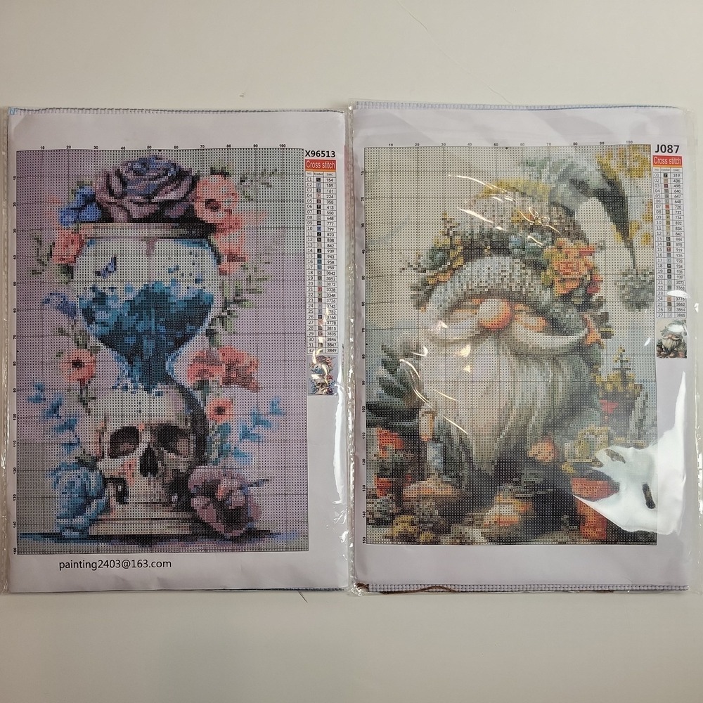 Two CROSS STITCH‎ KITS Gnome Floral Skull Goth Cottage Open Box Printed Canvas